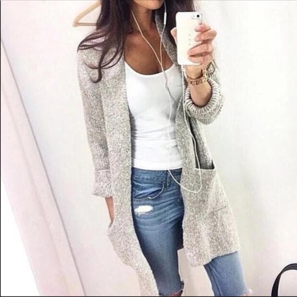 Sweaters - Cozy Long Grey Knit Cardigan